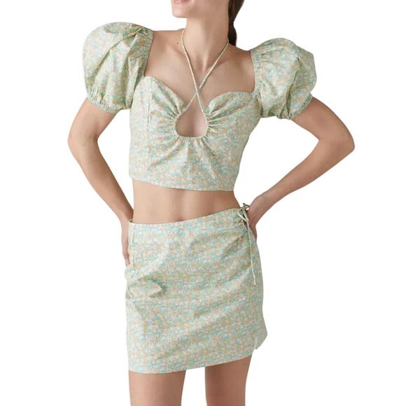 Another Girl Urban outfitters NWT Green Floral Cropped Puff Top & Mini Skirt Set - Picture 1 of 16